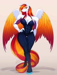 Size: 907x1200 | Tagged: safe, artist:scarlet-spectrum, imported from derpibooru, oc, oc only, oc:diamond sun, anthro, pegasus, unguligrade anthro, absolute cleavage, anthro oc, big breasts, breasts, cleavage, colored wings, commission, female, ghost spider, long mane, long tail, looking at you, mare, marvel, muscles, muscular female, partially open wings, pegasus oc, spider-gwen, spider-man, spider-man: into the spider-verse, tail, wide hips, wings