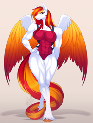 Size: 907x1200 | Tagged: safe, artist:scarlet-spectrum, imported from derpibooru, oc, oc only, oc:diamond sun, anthro, pegasus, unguligrade anthro, anthro oc, big breasts, breasts, clothes, colored wings, commission, female, long mane, long tail, looking at you, mare, muscles, muscular female, one-piece swimsuit, partially open wings, pegasus oc, swimsuit, tail, wide hips, wings