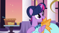 Size: 1920x1080 | Tagged: safe, imported from derpibooru, screencap, twilight sparkle, alicorn, pony, make new friends but keep discord, season 5, alternate hairstyle, beautiful, clothes, dress, female, folded wings, food, gala, gala dress, grand galloping gala, hair bun, jewelry, mare, necklace, open mouth, solo, table, twilight sparkle (alicorn), wings