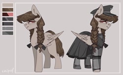 Size: 2560x1574 | Tagged: safe, artist:tttips!, imported from derpibooru, oc, oc only, oc:steelheart, pegasus, pony, armor, bow, brown hair, buttons, cap, cloak, clothes, ear piercing, female, hair bow, hat, mare, military uniform, palette, pegasus oc, piercing, red eyes, reference sheet, simple background, solo, uniform
