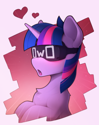 Size: 1600x2020 | Tagged: safe, artist:yakovlev-vad, imported from derpibooru, twilight sparkle, pony, unicorn, blushing, chest fluff, female, goggles, heart, horn, mare, open mouth, owo, slim, solo, sternocleidomastoid, thin, virtual reality, vr headset
