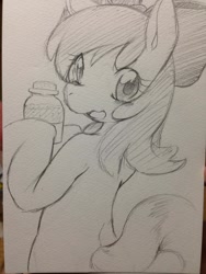 Size: 852x1136 | Tagged: safe, artist:amatukihiyoko, imported from derpibooru, apple bloom, earth pony, pony, female, filly, foal, food, jam, looking at you, looking back, looking back at you, solo, traditional art