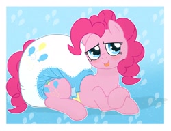 Size: 3000x2298 | Tagged: safe, artist:fillyscoots42, imported from derpibooru, pinkie pie, earth pony, pony, :p, blushing, diaper, diaper fetish, female, fetish, looking at you, lying down, mare, non-baby in diaper, poofy diaper, prone, raspberry, solo, tongue out