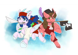 Size: 1280x905 | Tagged: safe, artist:delfinaluther, idw, imported from derpibooru, oc, oc:delfina, oc:enmity, alicorn, bird, parrot, parrot pirates, pegasus, pony, friends forever, spoiler:comic, blue background, clothes, flag, hat, pirate, pirate hat, simple background, solo, sword, weapon