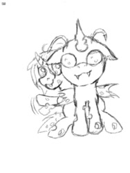 Size: 503x670 | Tagged: safe, artist:andley, imported from derpibooru, oc, oc only, oc:stargazer, oc:styx, changeling, :3, antennae, changeling oc, cute, duo, female, filly, foal, hiding, horn, insect wings, sitting, sketch, small, smiling, waving, waving at you, wings, young