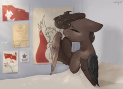 Size: 2560x1855 | Tagged: safe, artist:tttips!, imported from derpibooru, oc, oc only, oc:cinnamon, cyborg, pegasus, pony, amputee, artificial wings, augmented, bed, brown hair, cyrillic, female, flag, hammer and horseshoe, mare, morning, pegasus oc, poster, prosthetic limb, prosthetic wing, prosthetics, russian, sleepy, solo, soviet, stalliongrad, translated in the description, wings, yawn