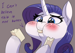 Size: 3508x2480 | Tagged: safe, artist:underpable, imported from derpibooru, rarity, pony, unicorn, blushing, cheek bulge, dialogue, eating, family guy, female, food, i can't believe it's not butter, mare, parody, simple background, solo, tan background, teary eyes