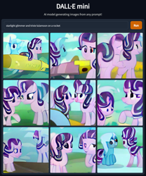 Size: 1152x1384 | Tagged: safe, imported from derpibooru, starlight glimmer, trixie, pony, unicorn, ai content, ai generated, duo, duo female, female, generator:craiyon, mare, not salmon, rocket, self paradox, toy interpretation, trixie's rocket, wat