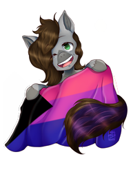 Size: 1700x2200 | Tagged: safe, artist:shaygoyle, imported from derpibooru, oc, oc only, oc:cj vampire, earth pony, pony, bisexual pride flag, demi-bisexual, demisexual pride flag, holding, lgbt, looking at you, looking up, looking up at you, pride, pride flag, simple background, smiling, smiling at you, solo, transparent background