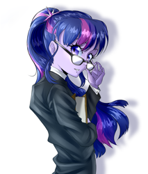 Size: 920x1080 | Tagged: safe, artist:gloomydinosaur, imported from derpibooru, twilight sparkle, human, equestria girls, anime, book, glasses, simple background, solo, white background