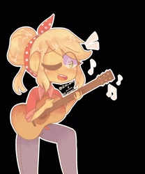 Size: 1554x1865 | Tagged: safe, artist:zuki, imported from derpibooru, applejack, human, equestria girls, black background, clothes, country applejack, eye clipping through hair, female, guitar, music notes, musical instrument, one eye closed, open mouth, outline, simple background, solo