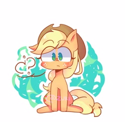 Size: 1600x1600 | Tagged: safe, artist:zuki, imported from derpibooru, applejack, earth pony, pony, applejack's hat, cowboy hat, eye clipping through hair, female, freckles, hat, mare, question mark, simple background, sitting, solo, white background