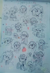 Size: 983x1440 | Tagged: safe, artist:zuki, imported from derpibooru, applejack, rainbow dash, human, equestria girls, apple, applejack's hat, clothes, cowboy hat, drink, female, food, graph paper, hat, heart, irl, mare, traditional art