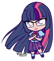 Size: 948x1062 | Tagged: safe, artist:vixi-pc, imported from derpibooru, twilight sparkle, human, equestria girls, bishoujo, book, chibi, female, glasses, human coloration, outline, simple background, solo, transparent background, white outline