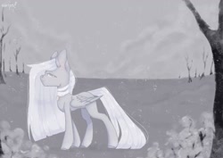 Size: 1600x1130 | Tagged: safe, artist:tttips!, imported from derpibooru, oc, oc only, pegasus, pony, ash, depressed, ear fluff, female, jewelry, mare, medallion, necklace, pegasus oc, smoke, solo, tree, wasteland, white hair, wings