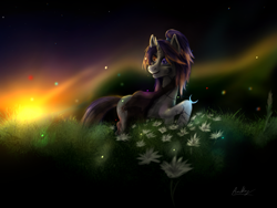 Size: 4000x3000 | Tagged: safe, artist:andley, imported from derpibooru, oc, oc only, oc:shining dusk, firefly (insect), insect, bag, female, flower, heterochromia, mountain, open mouth, ponytail, saddle bag, smiling, solo, stars, sun, tattoo