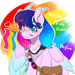 Size: 1280x1280 | Tagged: safe, artist:delfinaluther, imported from derpibooru, oc, pegasus, pony, bag, demisexual pride flag, female, flag, genderfluid, girly, horns, lgbt, pansexual pride flag, polyamory, pride, pride flag, pride month, rainbow, rainbow background, smiling, solo