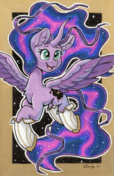 Size: 1743x2684 | Tagged: safe, artist:dandy, imported from derpibooru, oc, oc only, oc:odyssey, alicorn, pony, alicorn oc, boots, chest fluff, commission, copic, ear fluff, ethereal mane, female, flying, happy, horn, missing limb, not twilight sparkle, open mouth, shoes, signature, solo, space, traditional art, wings