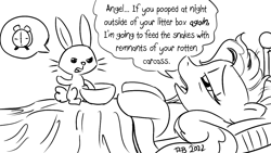 Size: 1200x675 | Tagged: safe, artist:pony-berserker, imported from derpibooru, angel bunny, fluttershy, pony, rabbit, 2022, animal, bed, bed mane, black and white, bowl, clock, duvet, grayscale, in bed, monochrome, not in the mood, out of character, pillow, pony-berserker's twitter sketches, pony-berserker's twitter sketches (2022)