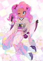 Size: 725x1024 | Tagged: safe, artist:yam, color edit, edit, editor:diameltzowo, imported from derpibooru, pinkie pie, earth pony, human, pony, equestria girls, bow, clothes, cute, dark skin, detailed background, eyes closed, female, flower, hair bow, humanized, kimono (clothing), kimono hime, looking at you, mare, one eye closed, open mouth, pretty, self paradox, self ponidox, shawl, skin color edit, solo, wink