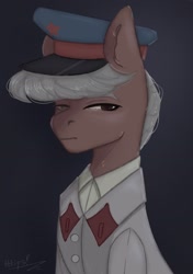 Size: 1520x2160 | Tagged: safe, artist:tttips!, imported from derpibooru, oc, oc only, oc:mahov, earth pony, pony, ashes town, brown eyes, cap, clothes, earth pony oc, eye scar, gorget patches, grey hair, hat, looking at you, male, nkvd, red star, scar, soviet, stallion, stalliongrad, uniform