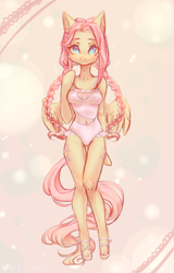 Size: 1012x1578 | Tagged: safe, artist:zefirka, imported from derpibooru, fluttershy, anthro, pegasus, unguligrade anthro, alternate hairstyle, belly button, braid, clothes, cute, female, looking at you, mare, one-piece swimsuit, see-through, shyabetes, smiling, smiling at you, solo, swimsuit, twin braids