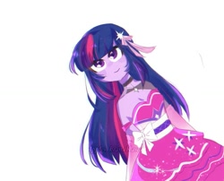 Size: 1024x826 | Tagged: artist needed, source needed, safe, imported from derpibooru, twilight sparkle, human, equestria girls, bare shoulders, clothes, fall formal outfits, female, looking up, simple background, solo, white background