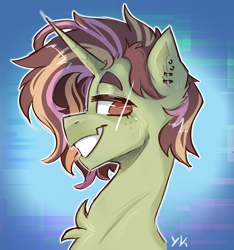 Size: 1629x1742 | Tagged: safe, artist:yumkandie, imported from derpibooru, oc, oc only, oc:regalis domini, pony, unicorn, bust, freckles, male, piercing, solo, stallion