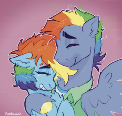 Size: 2224x2103 | Tagged: safe, artist:yumkandie, imported from derpibooru, bow hothoof, rainbow dash, pegasus, pony, bushy brows, duo, ear piercing, earring, eyebrow piercing, father and child, father and daughter, father's day, female, hug, jewelry, male, nose piercing, nose ring, piercing, thick eyebrows, wholesome