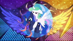 Size: 3840x2160 | Tagged: safe, artist:laszlvfx, artist:thatusualguy06, edit, imported from derpibooru, princess celestia, princess luna, alicorn, pony, duo, duo female, female, royal sisters, siblings, sisters, wallpaper, wallpaper edit