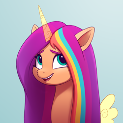 Size: 1000x1000 | Tagged: safe, artist:luminousdazzle, imported from derpibooru, sunny starscout, alicorn, pony, spoiler:g5, spoiler:my little pony: tell your tale, spoiler:tyts01e14, alicorn issues, bust, cute, g5, long mane, looking up, loose hair, mane stripe sunny, my little pony: tell your tale, portrait, race swap, screencap reference, simple background, small wings, solo, sunnybetes, sunnycorn, wings