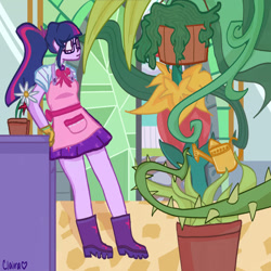 Size: 1280x1281 | Tagged: safe, artist:midnight-deaththekid, imported from derpibooru, sci-twi, twilight sparkle, human, equestria girls, equestria girls series, my little shop of horrors, apron, boots, celestia's house, clothes, flower, plants, shoes, watering can