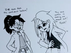 Size: 2048x1530 | Tagged: safe, artist:pony quarantine, imported from derpibooru, oc, oc only, oc:dyx, oc:filly anon, human, black sclera, clothes, dialogue, female, glasses, humanized, jacket, nerd, simple background, swearing, traditional art, vulgar