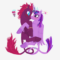 Size: 2684x2640 | Tagged: safe, artist:universal-heart, imported from derpibooru, tempest shadow, twilight sparkle, alicorn, classical unicorn, pony, unicorn, blushing, broken horn, cloven hooves, cuddling, female, horn, leonine tail, lesbian, looking at each other, looking at someone, mare, shipping, simple background, tempestlight, twilight sparkle (alicorn), unshorn fetlocks, white background