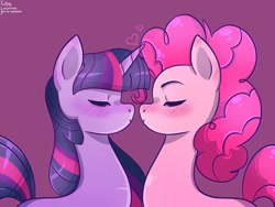 Size: 1024x768 | Tagged: artist needed, source needed, safe, imported from derpibooru, pinkie pie, twilight sparkle, earth pony, pony, unicorn, blushing, cute, eyes closed, female, heart, imminent kissing, lesbian, shipping, twinkie, unicorn twilight