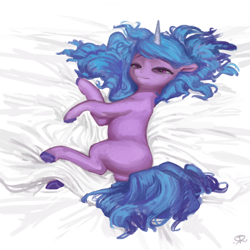 Size: 1280x1280 | Tagged: safe, artist:redruin01, imported from derpibooru, izzy moonbow, pony, unicorn, bedsheets, butt, female, g5, horn, lying down, messy mane, plot, sleepy, solo