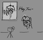 Size: 169x156 | Tagged: safe, artist:truthormare, rainbow dash, twilight sparkle, pegasus, pony, unicorn, aggie.io, camera, female, frown, lowres, mare, monochrome, simple background, suprised look, unfinished art, window