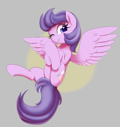 Size: 589x623 | Tagged: safe, artist:thebatfang, clear skies, pegasus, pony, aggie.io, female, flying, mare, one eye closed, simple background, smiling, spread wings, wings, wink, winking at you