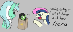 Size: 767x345 | Tagged: safe, artist:truthormare, bon bon, lyra heartstrings, sweetie drops, oc, oc:filly anon, earth pony, pony, unicorn, aggie.io, female, filly, frown, garfielf, mare, mcdonald's, open mouth, paper bag, pilotredsun, pointing, simple background, talking, yelling