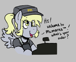 Size: 314x257 | Tagged: safe, derpy hooves, pegasus, pony, aggie.io, cash register, cashier, clothes, female, hat, mare, mcdonald's, open mouth, simple background, smiling, spread wings, talking, uniform, wings