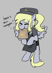 Size: 362x511 | Tagged: safe, derpy hooves, pegasus, pony, aggie.io, clothes, eyes closed, female, mare, mcdonald's, mouth hold, paper bag, simple background, smiling, spread wings, uniform, wings