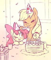 Size: 677x800 | Tagged: safe, artist:jumblehorse, imported from ponybooru, apple bloom, applejack, earth pony, pony, 30 minute art challenge, adorabloom, birthday cake, birthday party, cake, cute, eyes closed, female, filly, foal, food, hat, mare, party, party hat, siblings, sisters, smiling