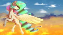 Size: 3840x2160 | Tagged: safe, artist:thebatfang, princess celestia, alicorn, pony, cloud, female, flying, mare, sky, smiling, solo, sunrise