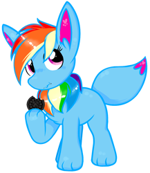 Size: 918x1058 | Tagged: safe, imported from ponybooru, oc, oc only, oc:rainbow eevee, cookie, crumbs, cute, eating, female, food, looking up, multicolored hair, oreo, pink eyes, pokémon pony, ponybooru collab 2022, rainbow hair, simple background, solo, transparent background