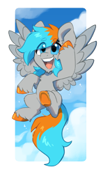 Size: 1421x2400 | Tagged: safe, artist:oofycolorful, imported from derpibooru, oc, oc only, oc:shade flash, pegasus, pony, cloud, cute, flying, male, sky, smiling, stallion, unshorn fetlocks