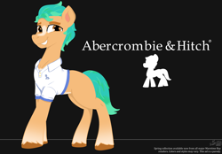 Size: 1800x1250 | Tagged: safe, artist:erynerikard, imported from derpibooru, hitch trailblazer, earth pony, pony, advertisement, advertising, clothes, digital art, g5, logo parody, male, my little pony: a new generation, name pun, parody, polo shirt, shirt, simple background, smiling, smirk, solo, stallion