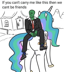 Size: 804x901 | Tagged: safe, artist:jargon scott, imported from derpibooru, princess celestia, oc, oc:anon, alicorn, human, pony, butt, clothes, cutie mark on clothes, duo, female, humans riding ponies, large butt, male, mare, misspelling, necktie, pants, plot, riding, shirt, suit, sunbutt, text, the ass was fat