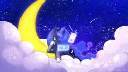 Size: 1920x1080 | Tagged: safe, artist:kouputea, imported from derpibooru, princess luna, alicorn, pony, gamer luna, cloud, crescent moon, female, food, glowing, glowing horn, hoof shoes, horn, magic, mare, moon, mouth hold, pocky, solo, telekinesis