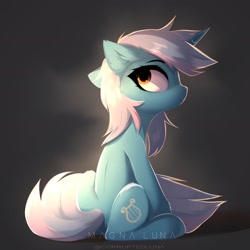 Size: 2672x2676 | Tagged: safe, artist:magnaluna, imported from derpibooru, lyra heartstrings, pony, unicorn, ear fluff, female, high res, looking back, mare, side view, sitting, solo, tail