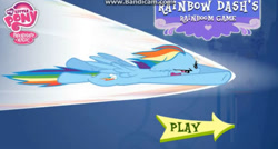 Size: 731x392 | Tagged: safe, imported from derpibooru, rainbow dash, pegasus, pony, bandicam, canterlot, female, game, gritted teeth, mare, multicolored hair, my little pony logo, rainbow hair, sonic rainboom, sound barrier, spread wings, teary eyes, teeth, text, title screen, wings, youtube link